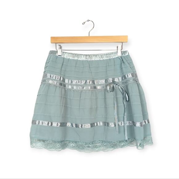H&M Divided Tidewater Blue Satin Stripe Lace Trim Mini Skirt Size 10 - Picture 1 of 7